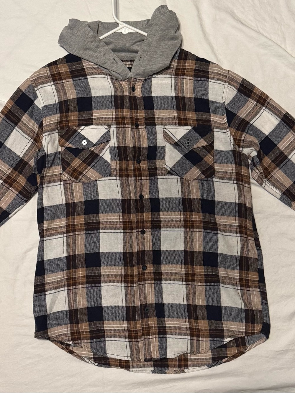 Plaid Hooded Flannel Shirt Jacket - Brown, Black & Gray